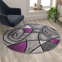 Flash Furniture ACD-RGTRZ860-55-PU-GG Jubilee Collection 5' x 5' Round Purple Abstract Area Rug - Olefin Rug with Jute Backing - Living Room, Bedroom, Family Room